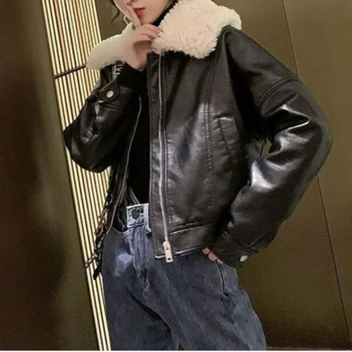 Cool Casual Fur Collar All-Match Leather Zipper Warm Thick Jacket Wholesale Women Top