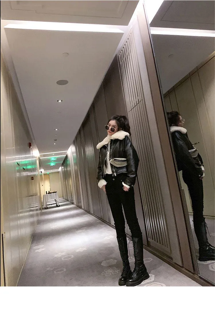 Cool Casual Fur Collar All-Match Leather Zipper Warm Thick Jacket Wholesale Women Top