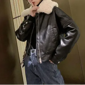 Cool Casual Fur Collar All-Match Leather Zipper Warm Thick Jacket Wholesale Women Top
