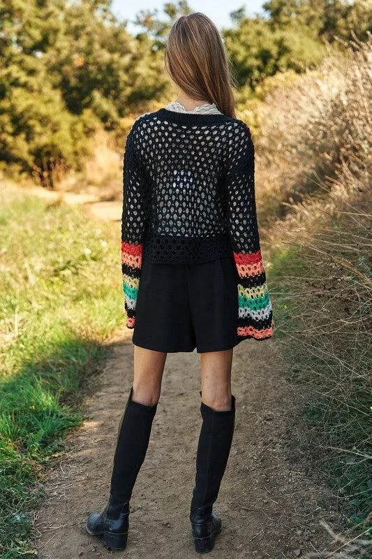 Davi & Dani Floral Crochet Striped Sleeve Cropped Knit Sweater