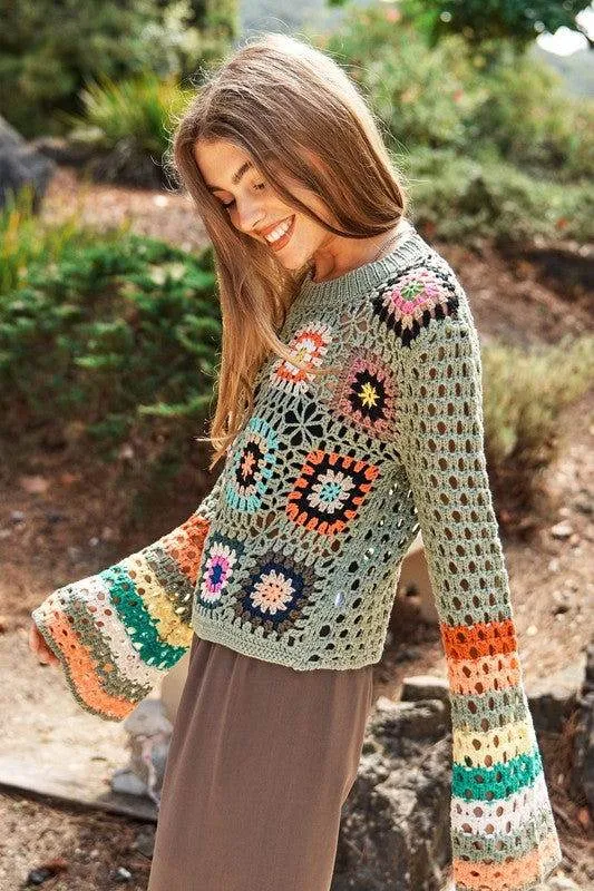 Davi & Dani Floral Crochet Striped Sleeve Cropped Knit Sweater