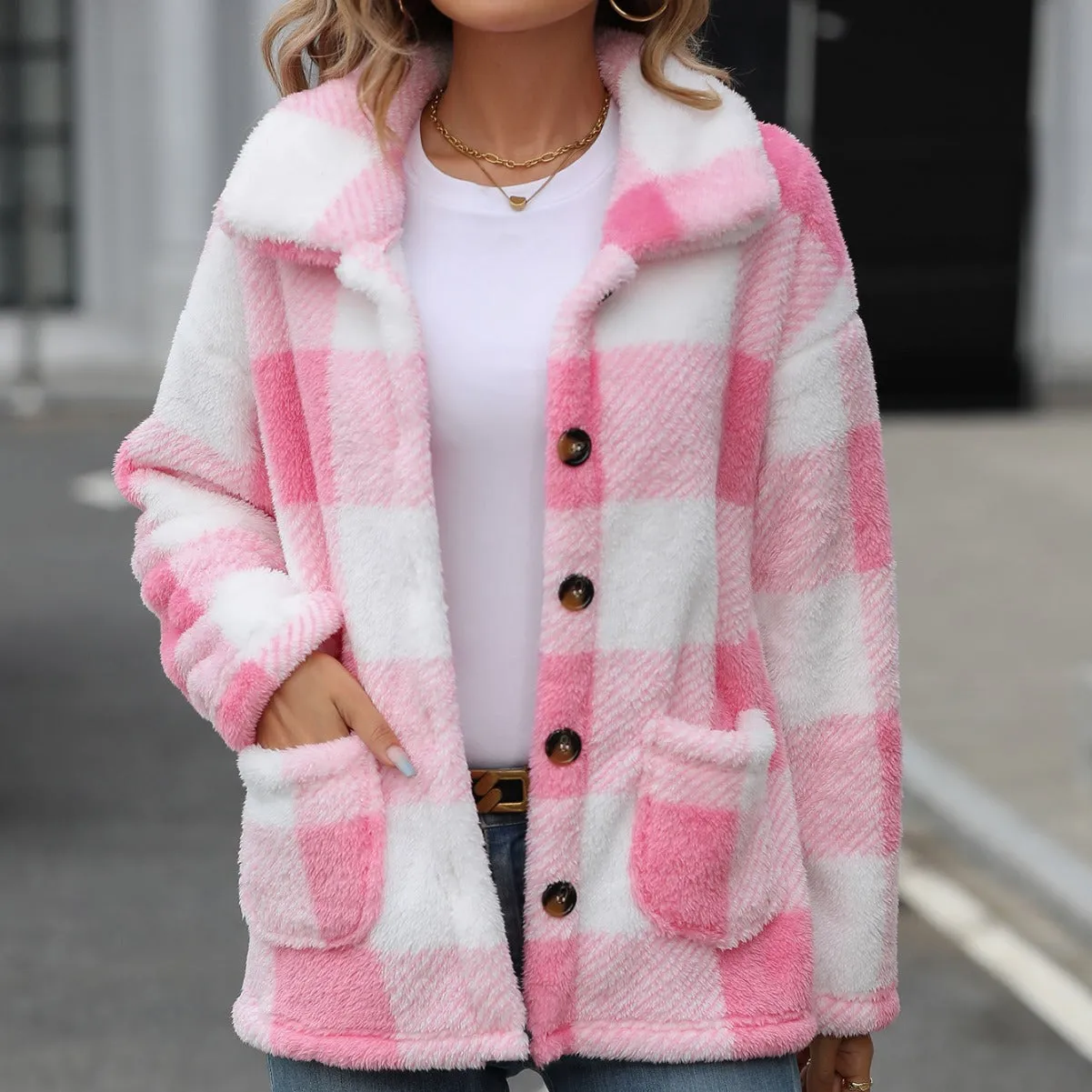 Lapel Mid-Length Plaid Single-Breasted Double-Sided Fleece Jackets Wholesale Womens Clothing N3823111600022