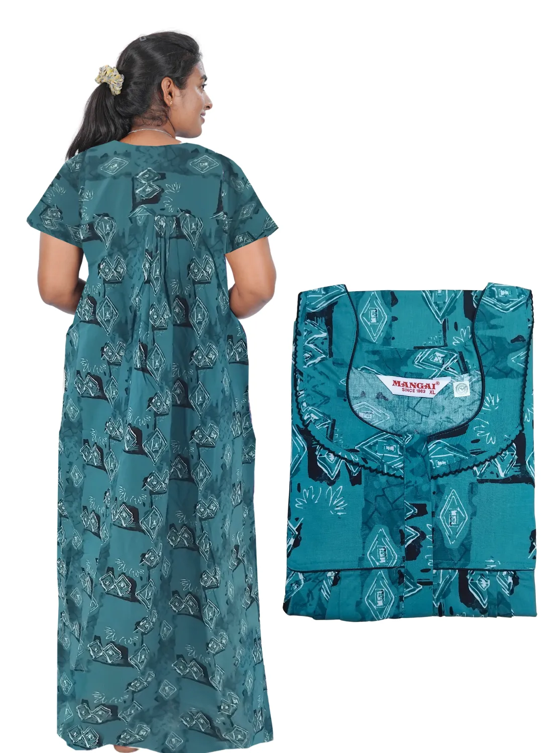 MANGAI New Regular Fit Cotton Printed Pleated Nighties - All Over Printed Stylish Nighties | Side Cut Pocket | Front Open Zipper Type | Beautiful Nighties for Stylish Women's (PLE)