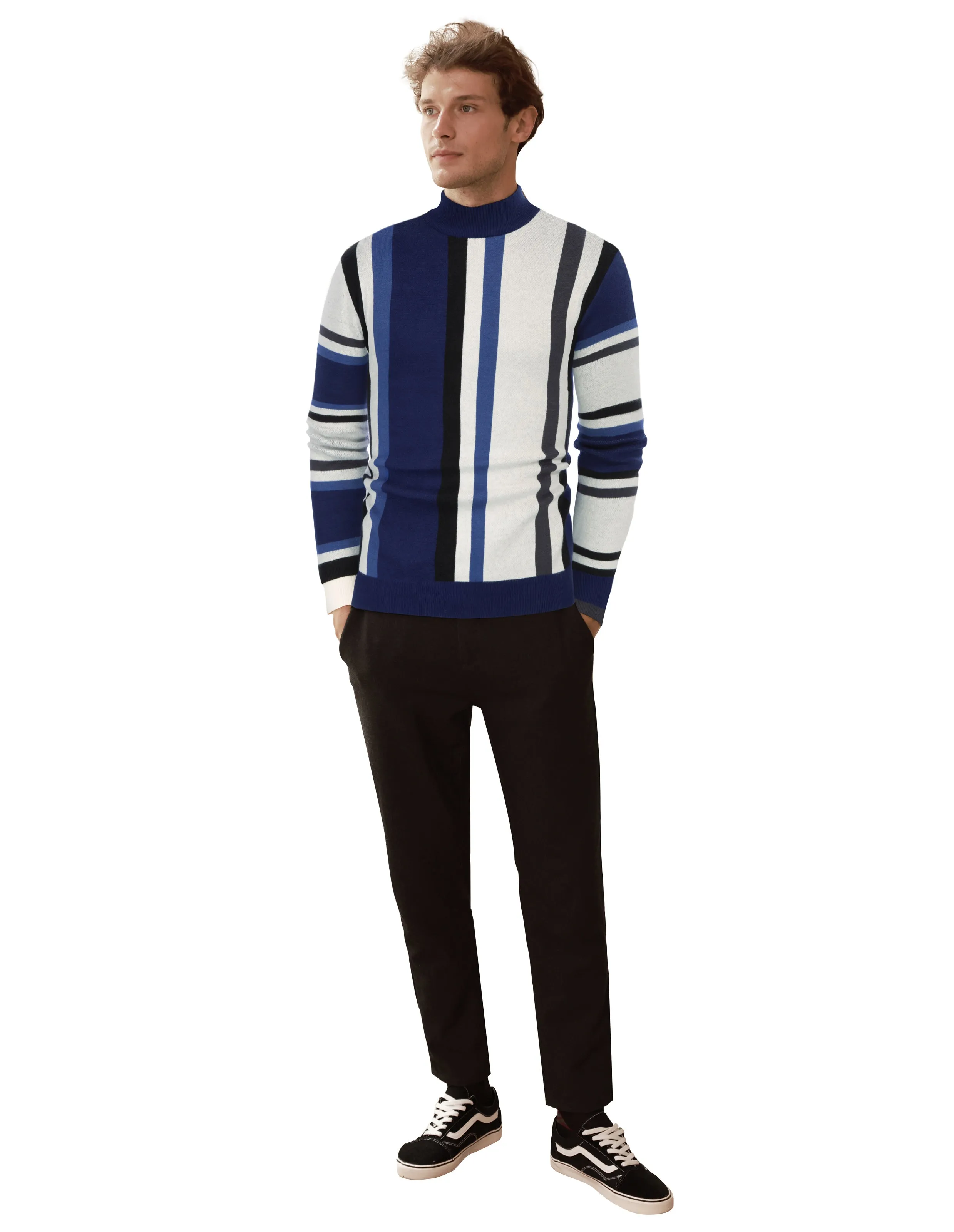 Mens Vintage Stripes Pullover Stand Collar Mockneck Jumper Sweater