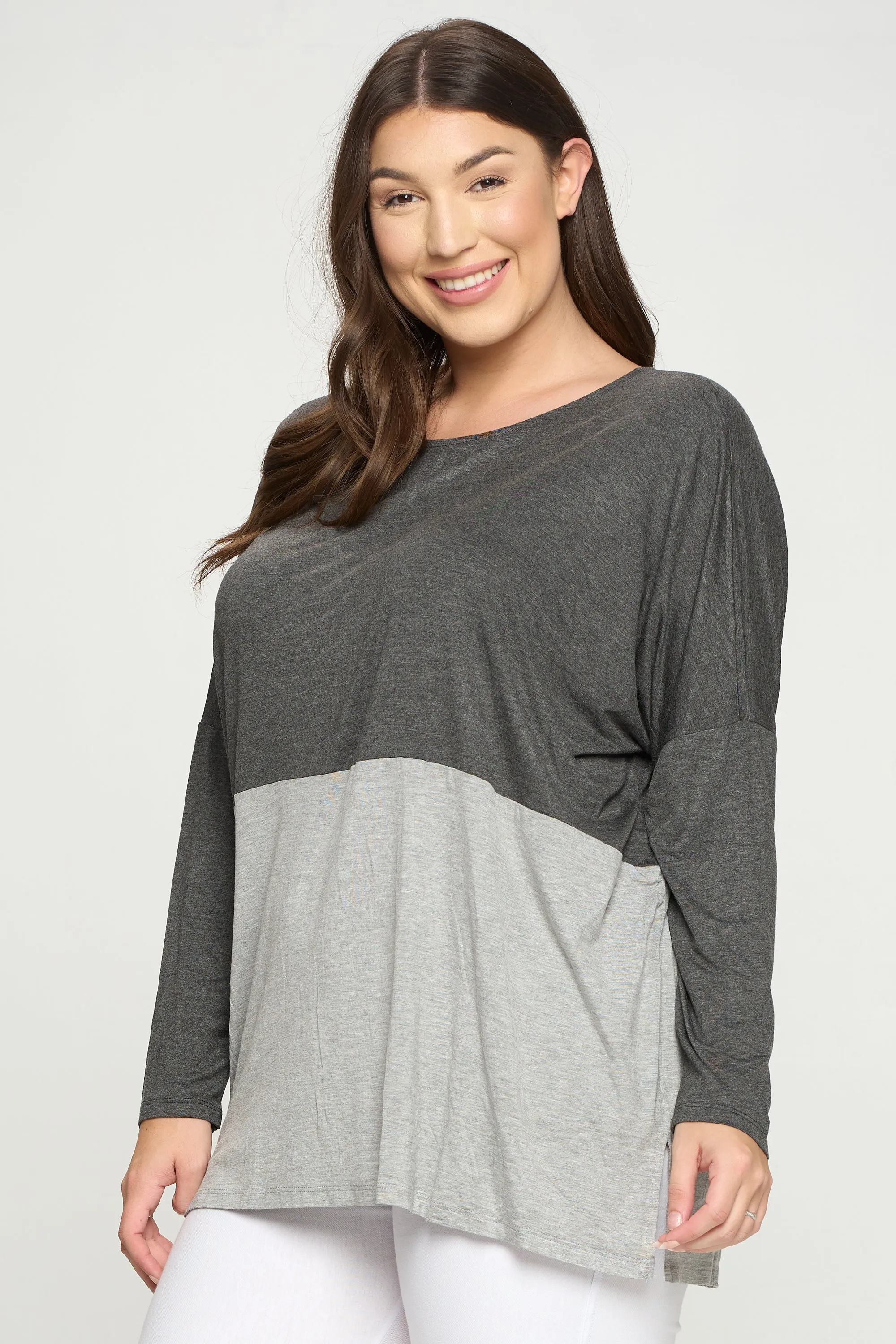 Plus Size Simple Colorblock Long Sleeve Top