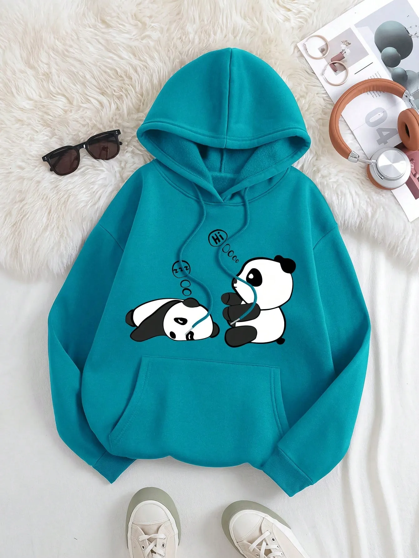 Qutie Panda Print Kangaroo Pocket Drawstring Thermal Hoodie,Long Sleeve Tops