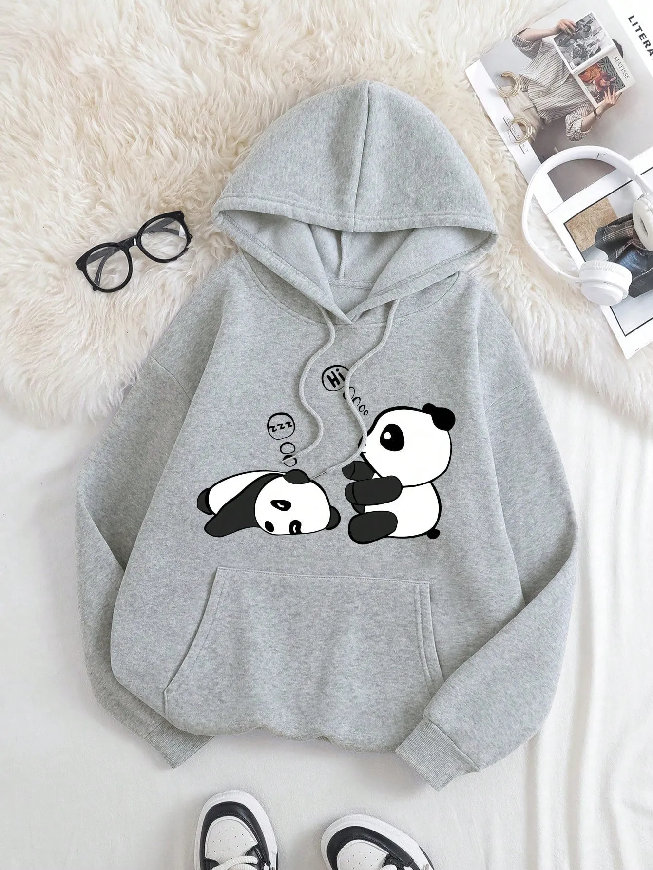 Qutie Panda Print Kangaroo Pocket Drawstring Thermal Hoodie,Long Sleeve Tops