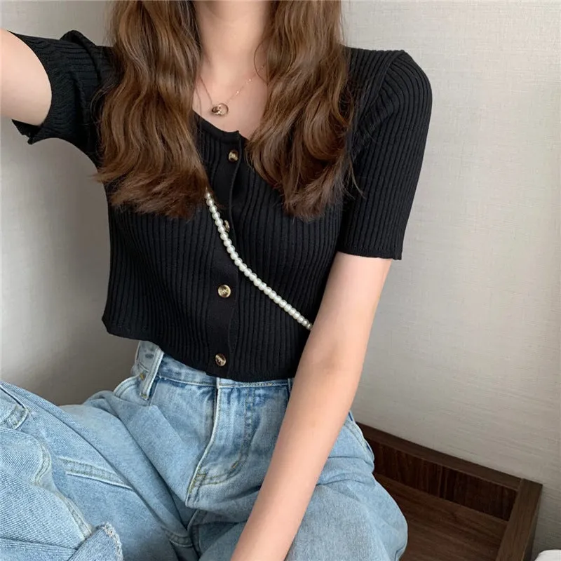 Square Neck Short Sleeve Women Summer Trendy Sweater Niche Single-Breasted High Waist Tops Outerwear