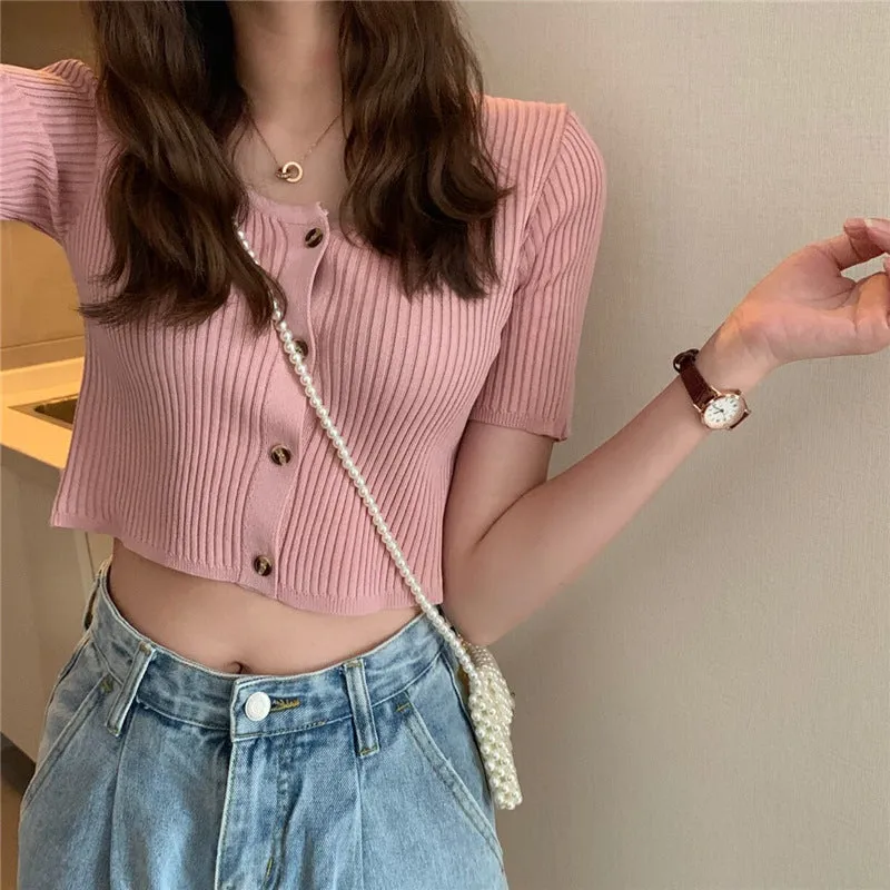 Square Neck Short Sleeve Women Summer Trendy Sweater Niche Single-Breasted High Waist Tops Outerwear