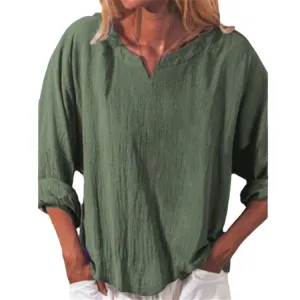 Women Trendy Casual Cotton Solid Colored Loose Vintage Long Sleeved V-Neck Shirt Blouse