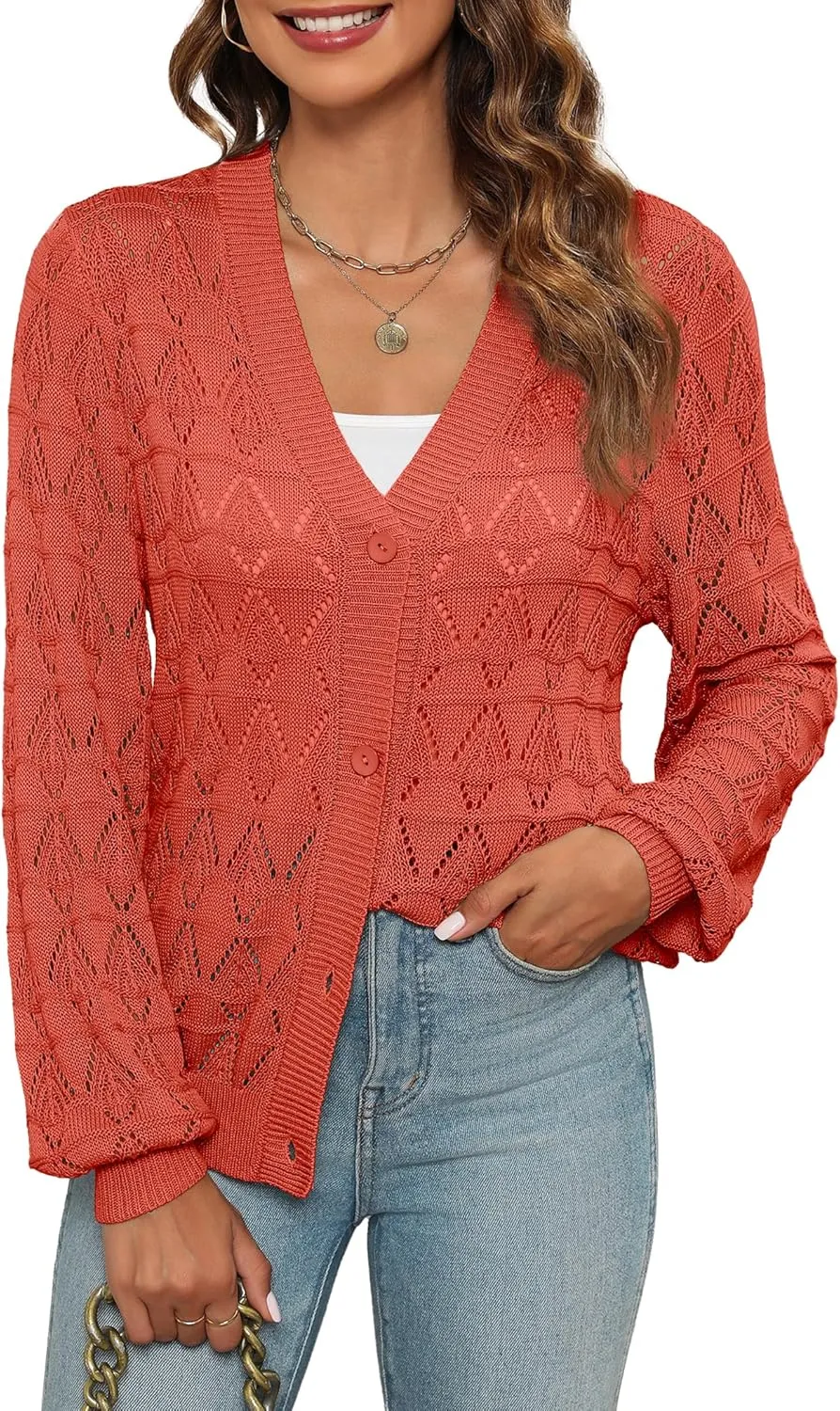 Zeagoo Women's Lightweight Crochet Cropped Cardigan 2024 V Neck Long Sleeve Button up Bolero Shrug Sweater